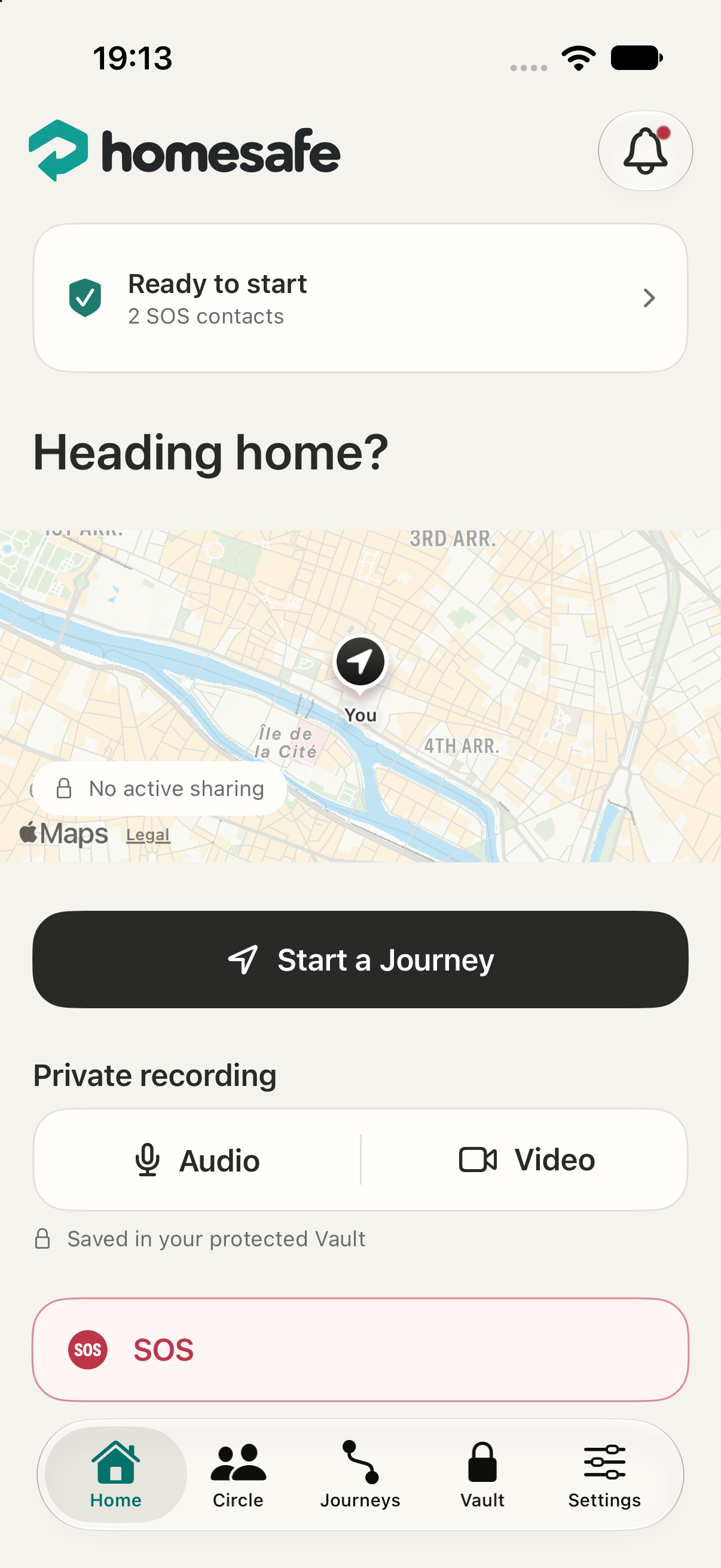 HomeSafe in light mode on iPhone: a journey map, private audio and video recording, and an SOS button.